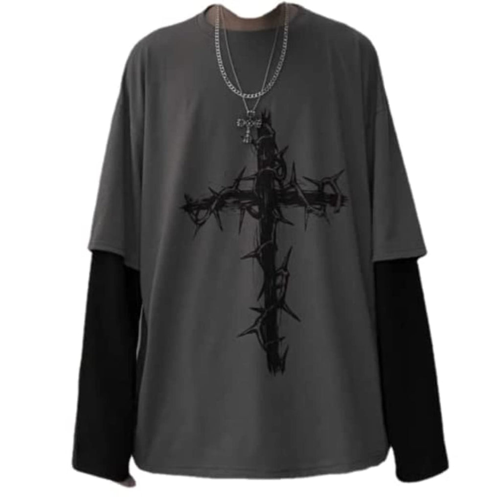 Goth Shirt Gothic Shirt Fake Two-Piece Alternative Clothing Goth Long Sleeve Top Grunge Clothes