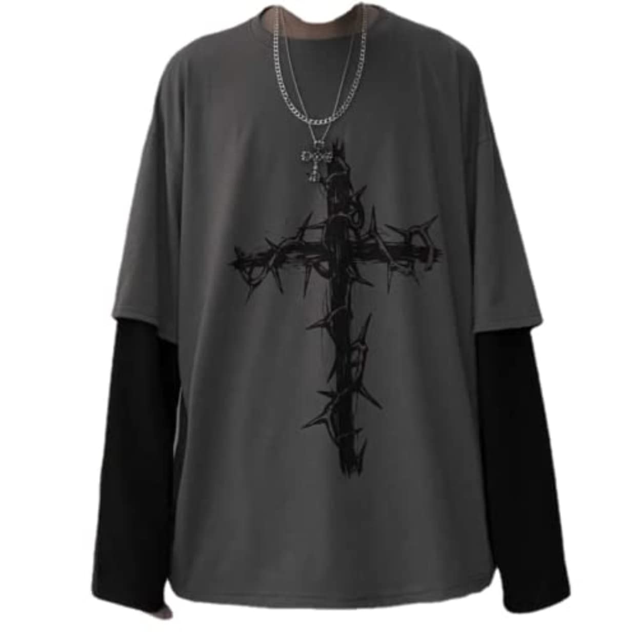 Goth Shirt Gothic Shirt Fake Two-Piece Alternative Clothing Goth Long Sleeve Top Grunge Clothes
