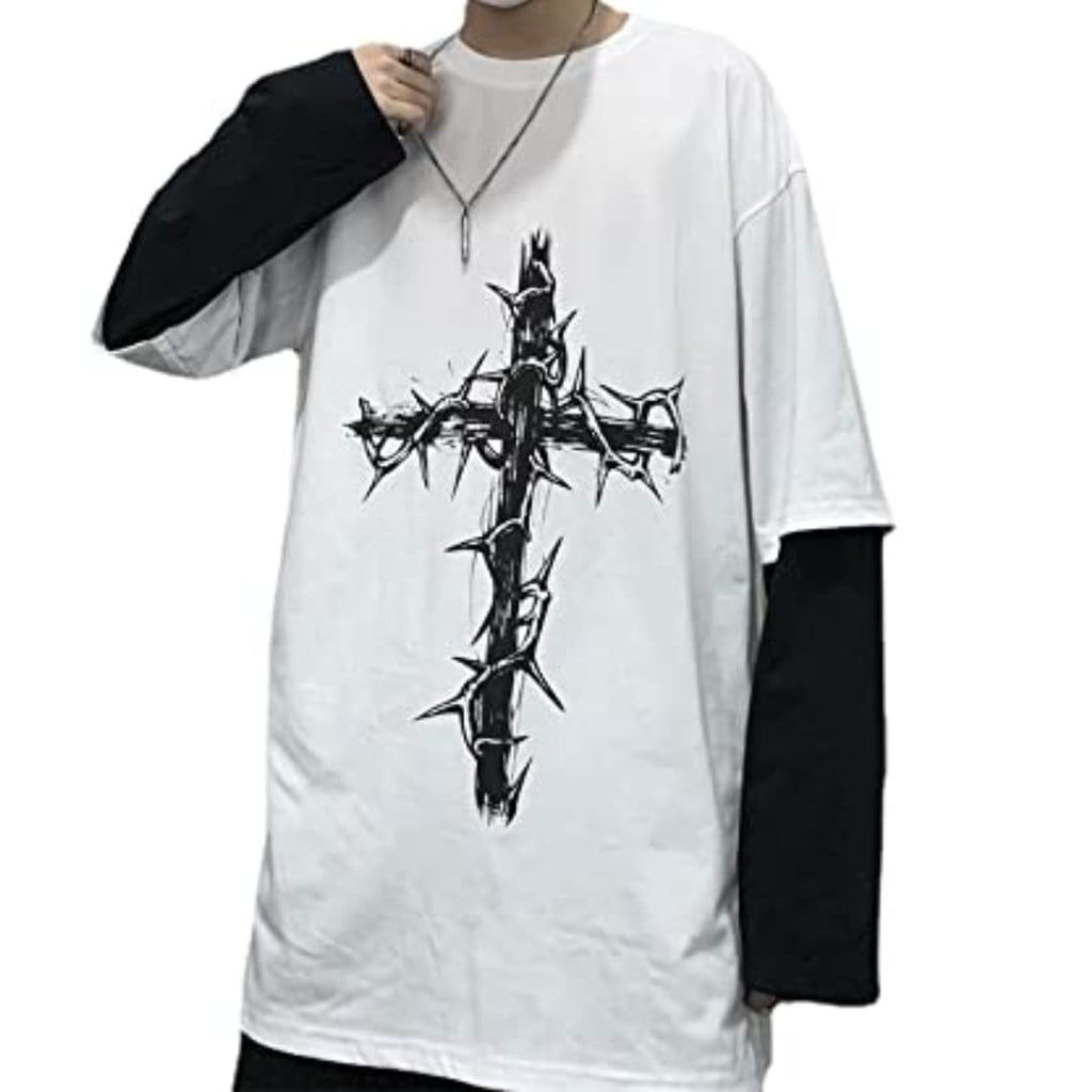 Goth Shirt Gothic Shirt Fake Two-Piece Alternative Clothing Goth Long Sleeve Top Grunge Clothes