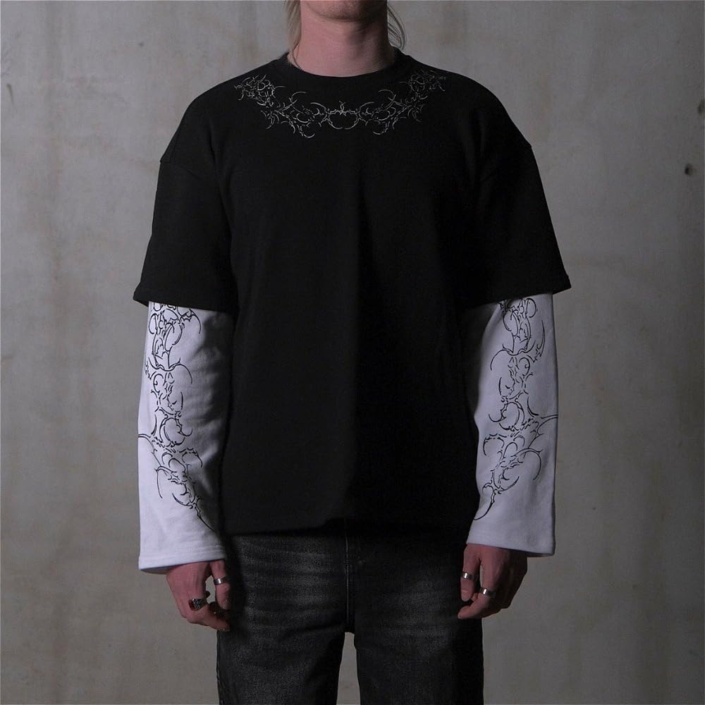 Goth Shirt Gothic Shirt Fake Two-Piece Alternative Clothing Goth Long Sleeve Top Grunge Clothes