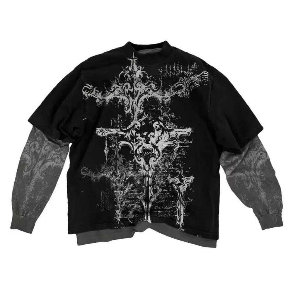 Goth Shirt Gothic Shirt Fake Two-Piece Alternative Clothing Goth Long Sleeve Top Grunge Clothes