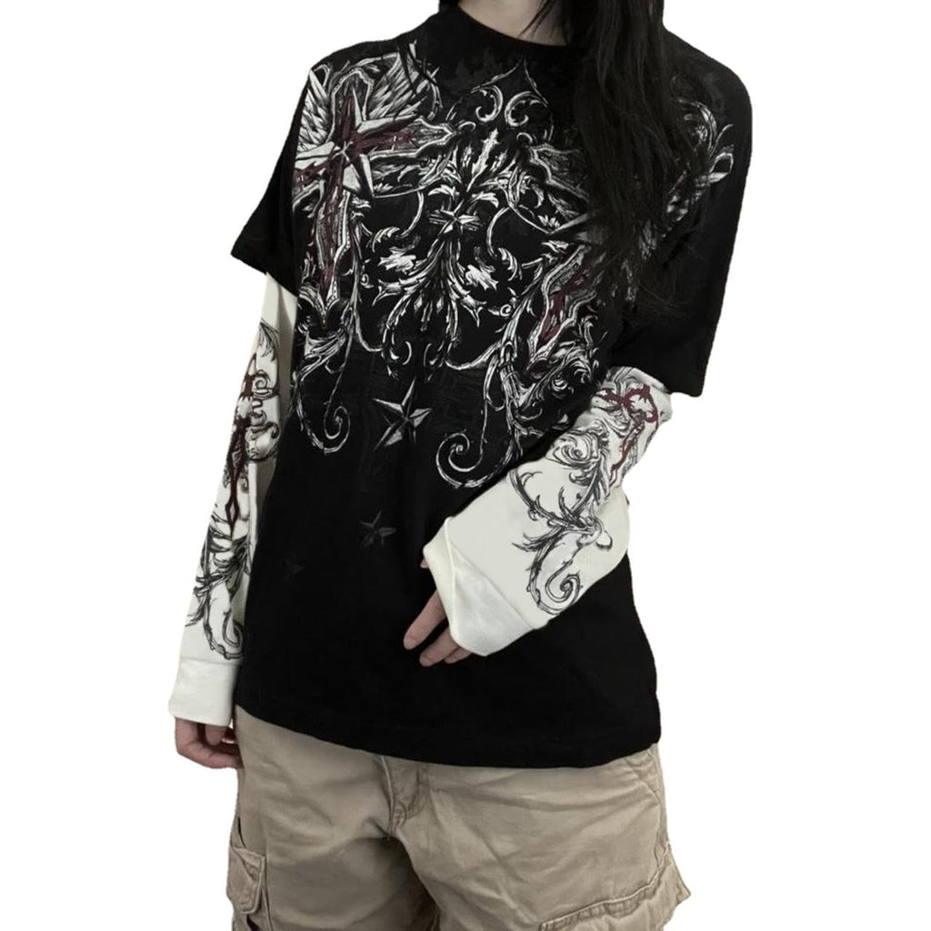 Goth Shirt Gothic Shirt Fake Two-Piece Alternative Clothing Goth Long Sleeve Top Grunge Clothes