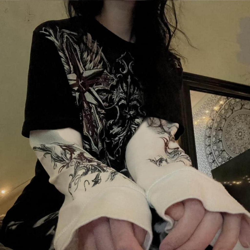 Goth Shirt Gothic Shirt Fake Two-Piece Alternative Clothing Goth Long Sleeve Top Grunge Clothes
