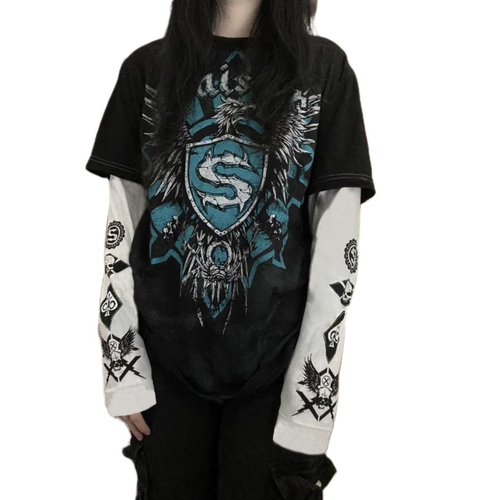 Goth Shirt Gothic Shirt Fake Two-Piece Alternative Clothing Goth Long Sleeve Top Grunge Clothes