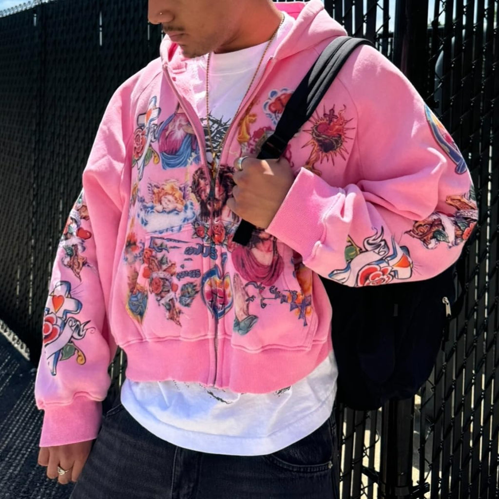Grunge Vintage Clothes Y2k Zip Up Hoodie Streetwear Men Women Graphic Oversized Rapper Hooded Sweatshirts