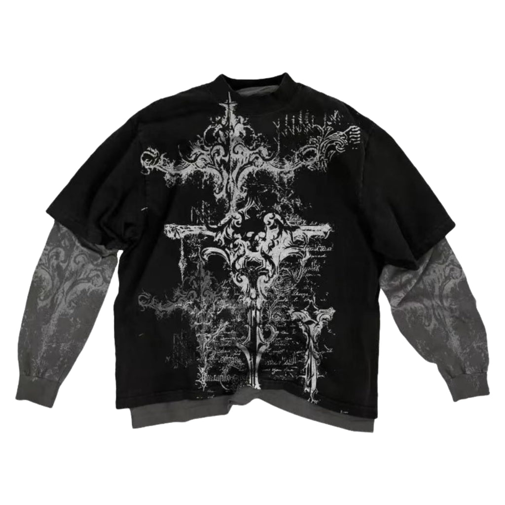 Goth Shirt Gothic Shirt Fake Two-Piece Alternative Clothing Goth Long Sleeve Top Grunge Clothes