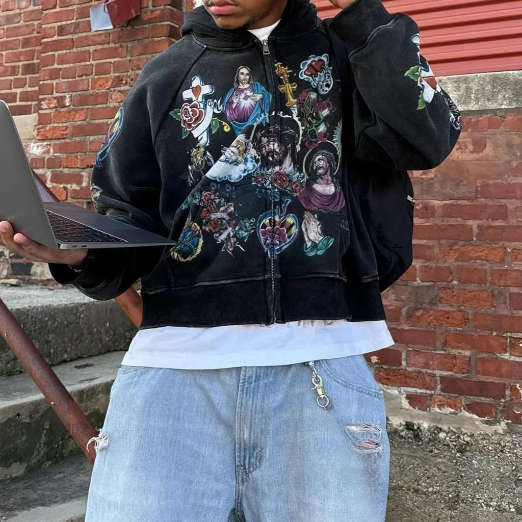 Grunge Vintage Clothes Y2k Zip Up Hoodie Streetwear Men Women Graphic Oversized Rapper Hooded Sweatshirts