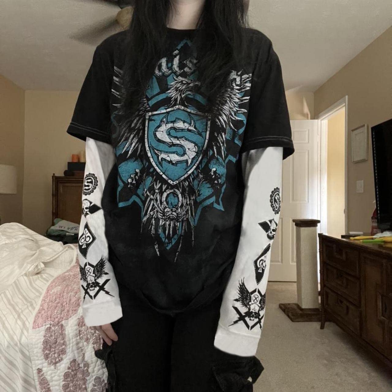 Goth Shirt Gothic Shirt Fake Two-Piece Alternative Clothing Goth Long Sleeve Top Grunge Clothes
