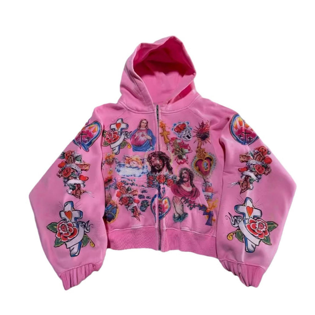 Grunge Vintage Clothes Y2k Zip Up Hoodie Streetwear Men Women Graphic Oversized Rapper Hooded Sweatshirts