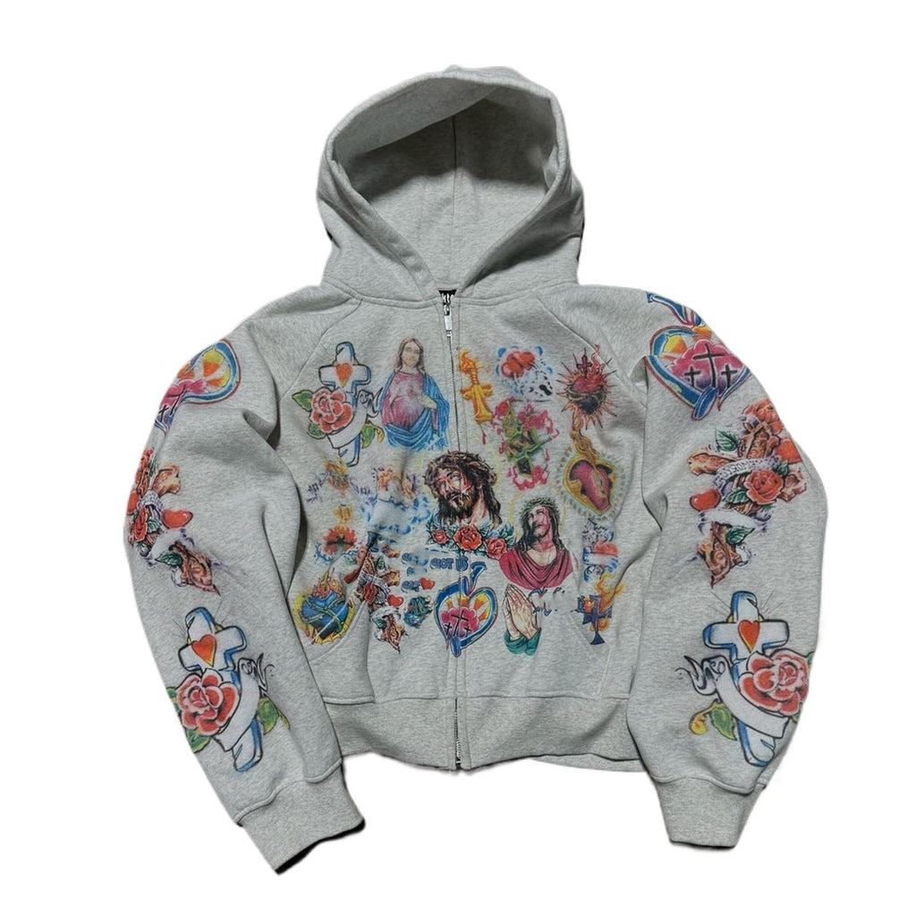 Grunge Vintage Clothes Y2k Zip Up Hoodie Streetwear Men Women Graphic Oversized Rapper Hooded Sweatshirts