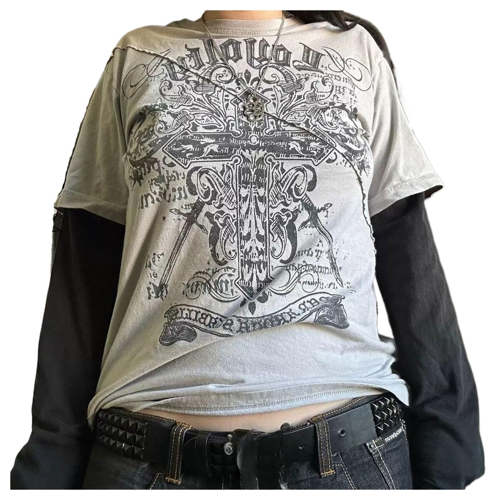 Goth Shirt Gothic Shirt Fake Two-Piece Alternative Clothing Goth Long Sleeve Top Grunge Clothes