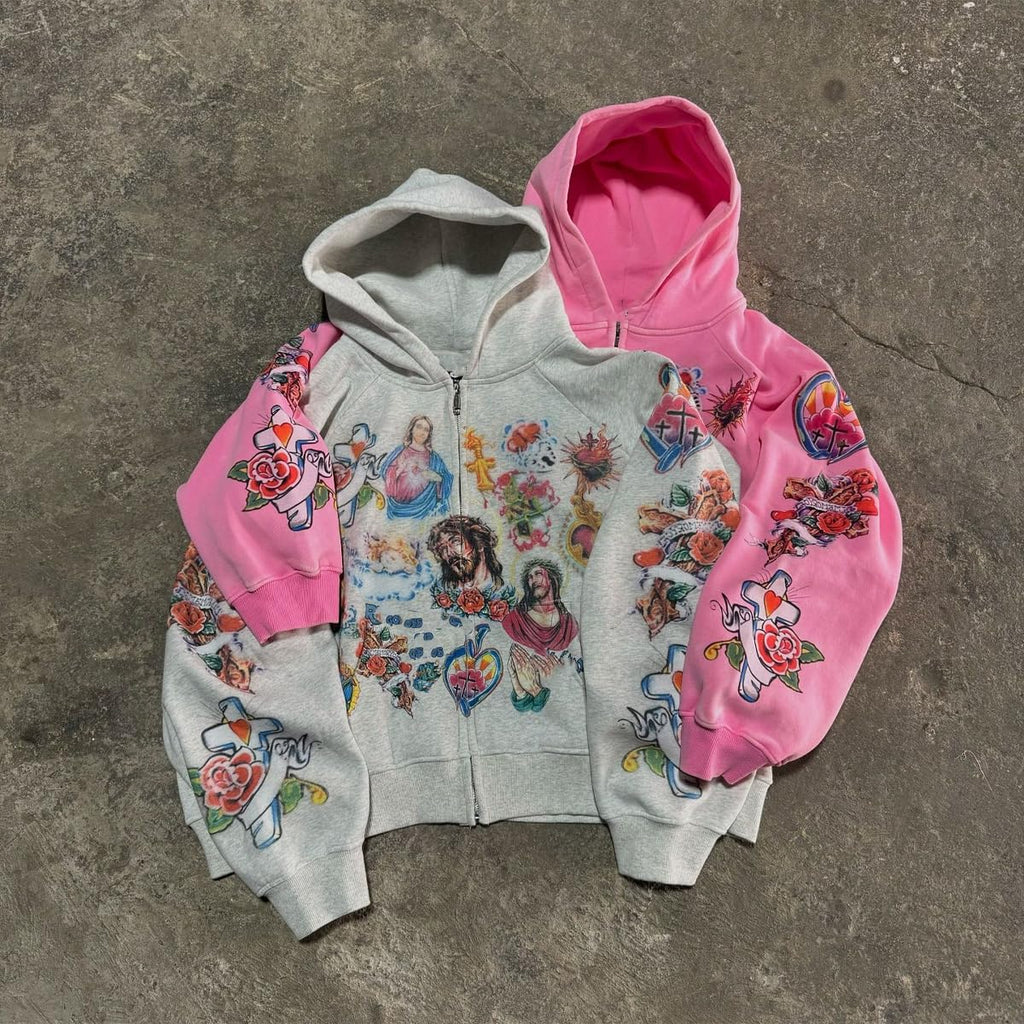 Grunge Vintage Clothes Y2k Zip Up Hoodie Streetwear Men Women Graphic Oversized Rapper Hooded Sweatshirts