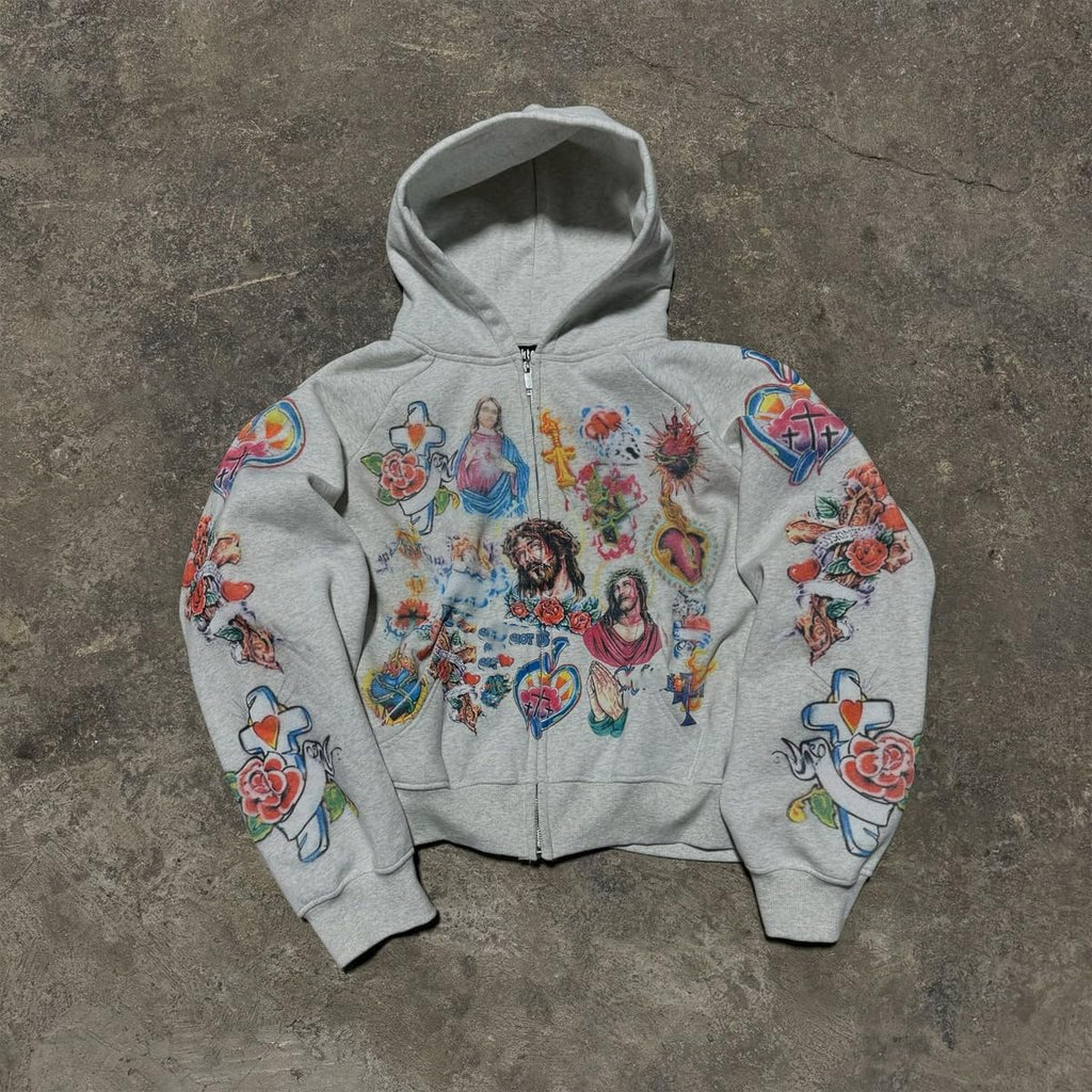 Grunge Vintage Clothes Y2k Zip Up Hoodie Streetwear Men Women Graphic Oversized Rapper Hooded Sweatshirts