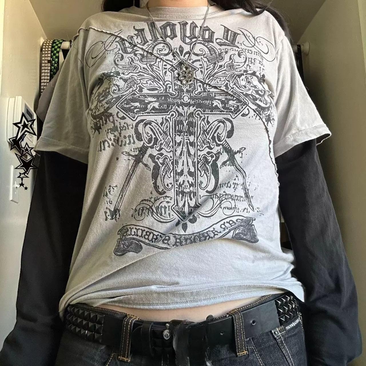 Goth Shirt Gothic Shirt Fake Two-Piece Alternative Clothing Goth Long Sleeve Top Grunge Clothes