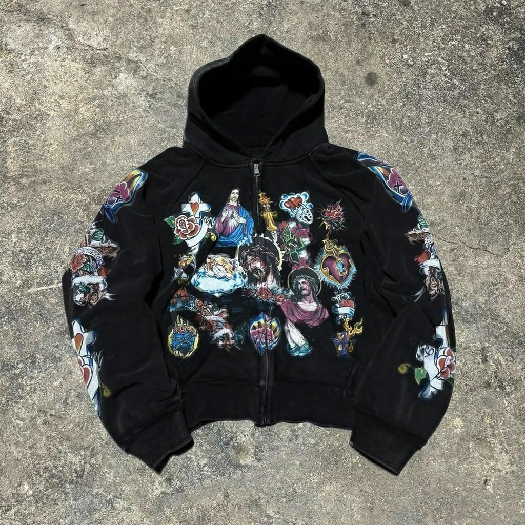 Grunge Vintage Clothes Y2k Zip Up Hoodie Streetwear Men Women Graphic Oversized Rapper Hooded Sweatshirts
